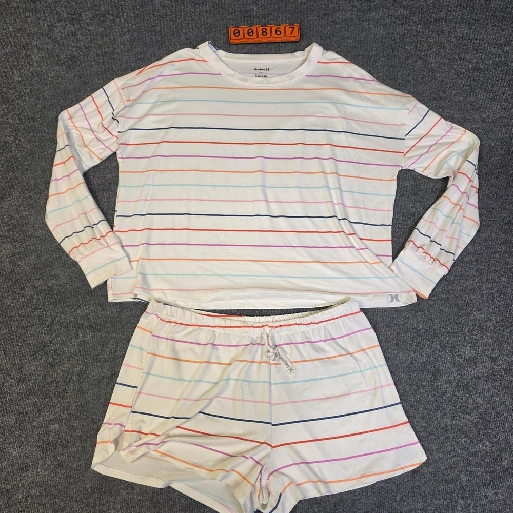 Hurley multi-colored horizontal striped polyester & spandex pajama set in a L